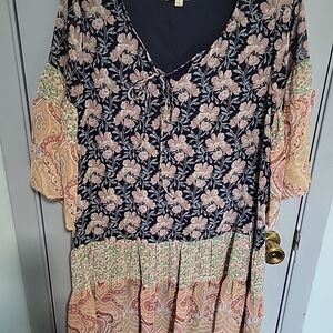 Umgee Size Small Boho Floral Tiered Midi Dress - Navy and Pastel Mix